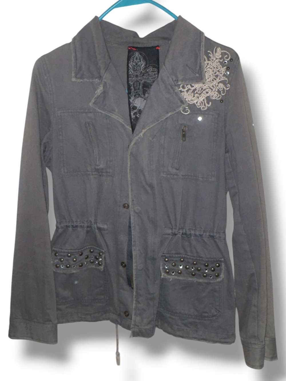 Y2K Miss Me Embellished Skull Utility Jacket Gray Rhinestone Fleur De Lis M
